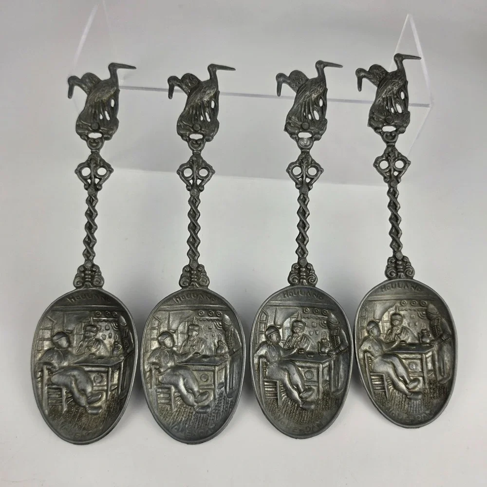 Antique Dutch Pewter Souvenir Spoons Set of 4 Volendam Holland Stork Tavern Scen